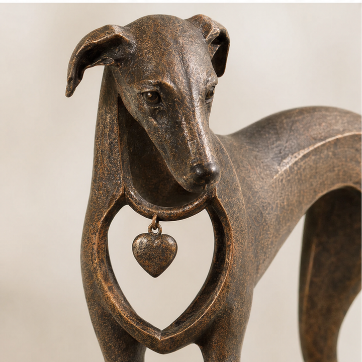 Hound & Heart – Aged Bronze Sighthound Sculpture With Hanging Heart