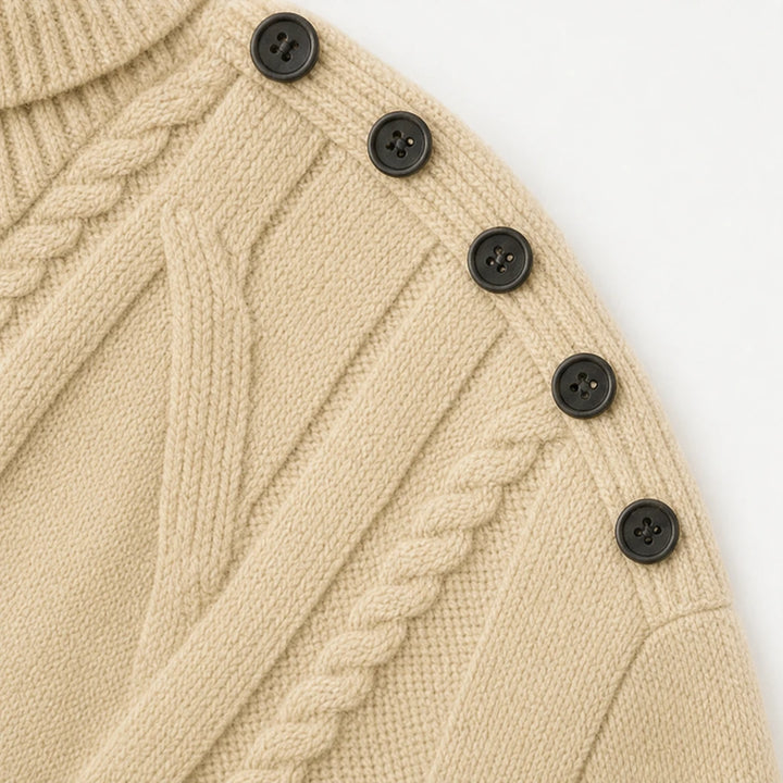 Cabledge – Diagonal Cable-Knit Button-Neck Sweater