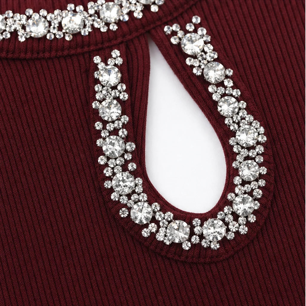 Stela – Rhinestone Teardrop Cutout Ribbed Top