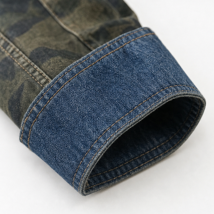 Gilded Rebel – Gold Button Camouflage Denim Jacket
