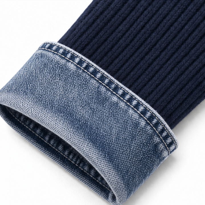 Wearbella – Spliced Denim Ribbed-Knit Longline Jacket
