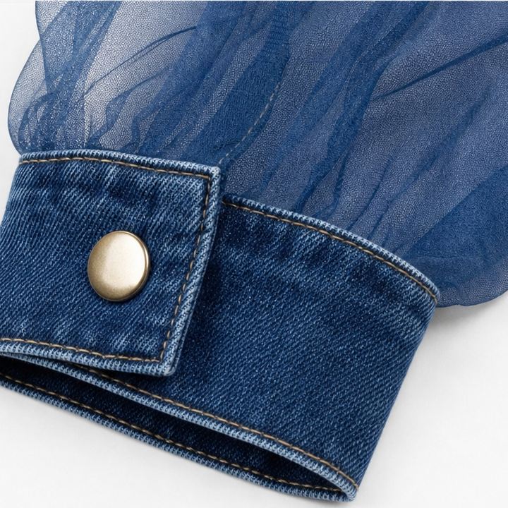 Wearbella – Sheer Puff Sleeve Denim Button-Up Shirt