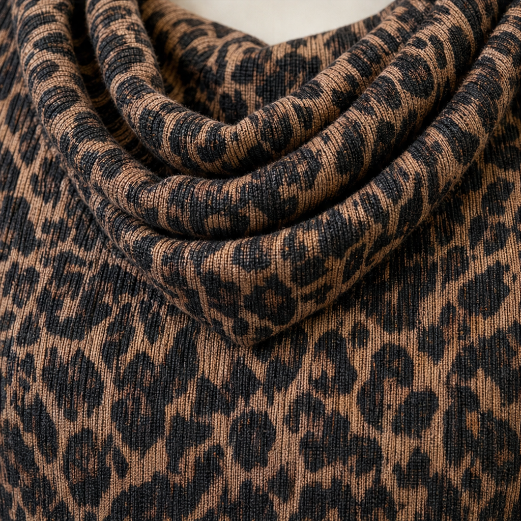 Leopardia – Long Sleeve Leopard Print Mock Neck Midi Dress