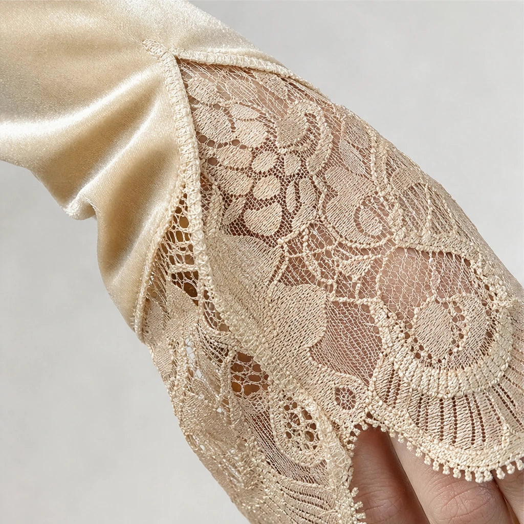 Veloura – Lace-Trimmed Cowl Neck Ruched Top