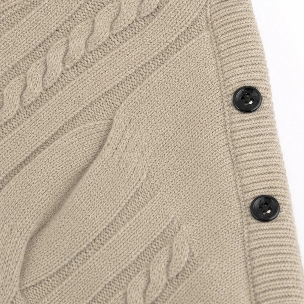 Drapella – Asymmetric Cable-Knit Button-Shoulder Sweater