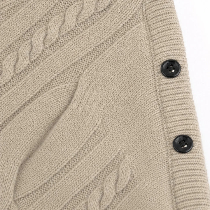 Drapella – Asymmetric Cable-Knit Button-Shoulder Sweater