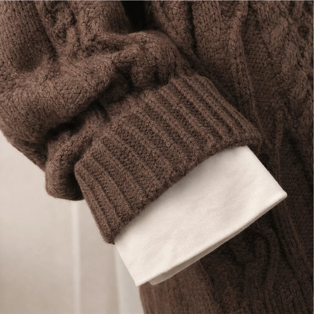 Layerella – Cable-Knit Mock-Layer V-Neck Sweater