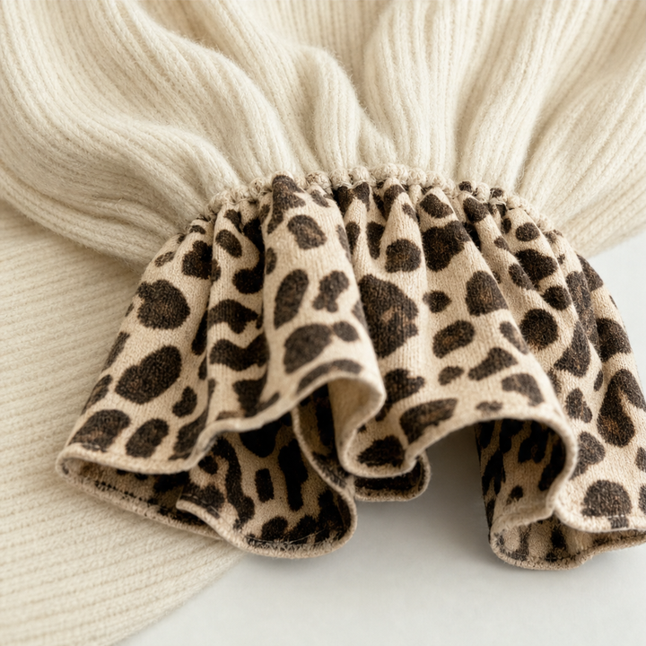 Vellora – Leopard-Trim Ribbed Balloon-Sleeve Mini Dress