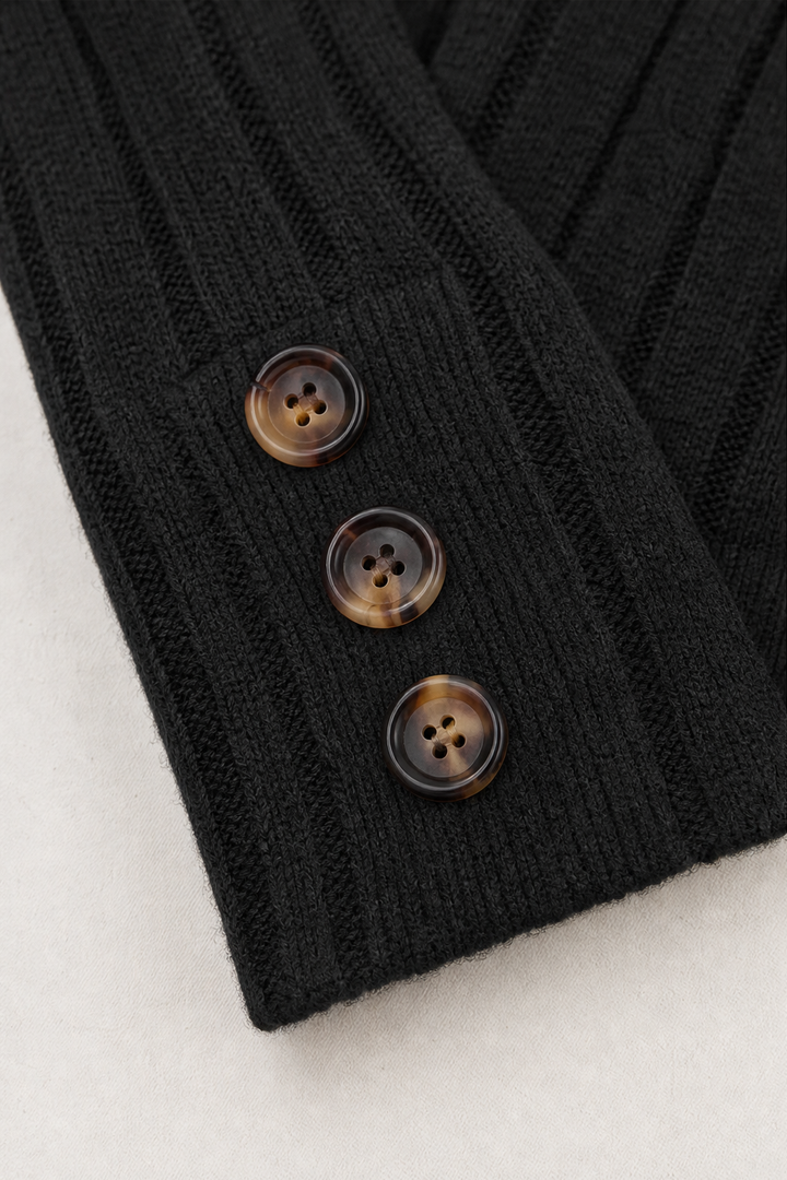 Mavenly – Ribbed V-Neck Button-Cuff Sweater