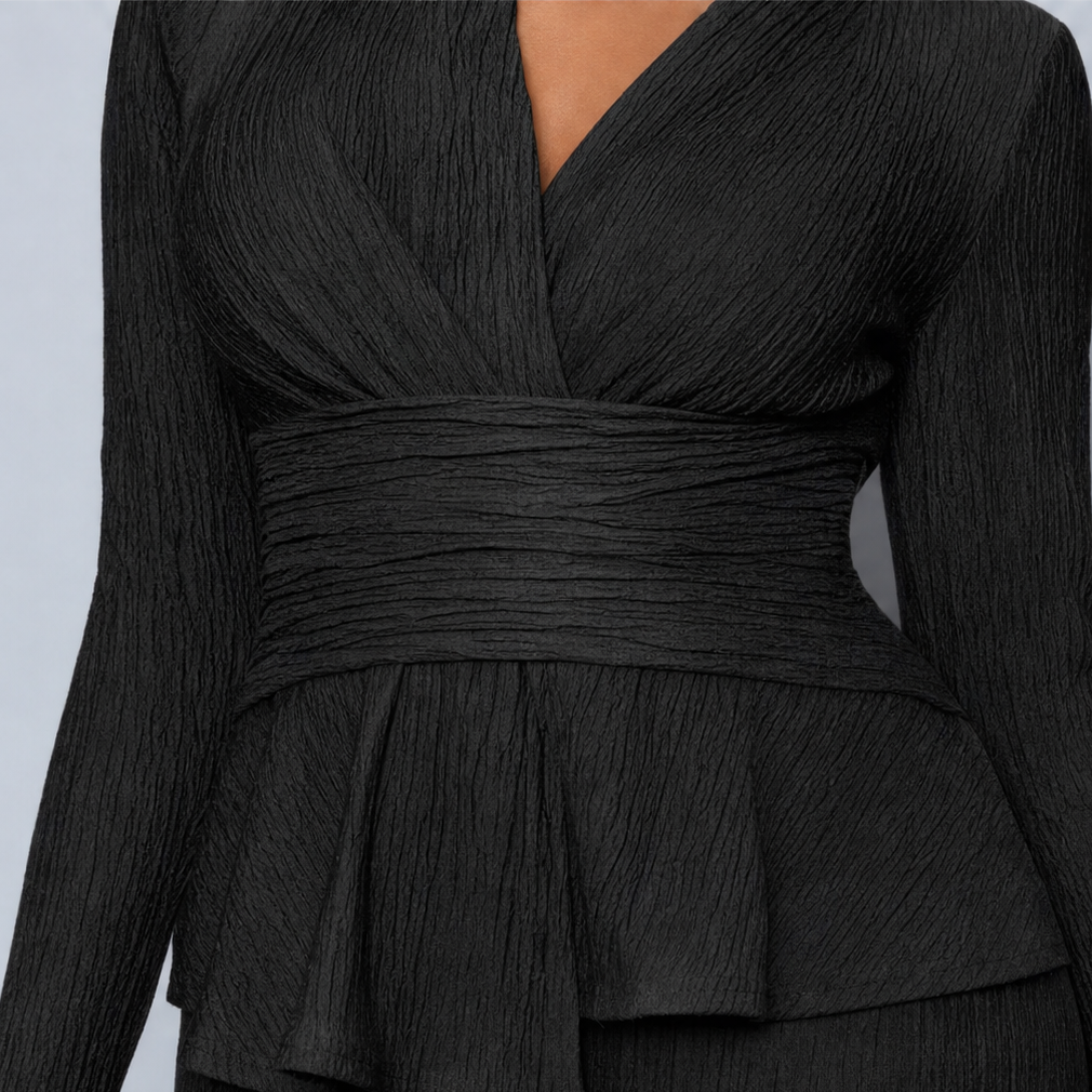 Vessora – Pleated Waist Flared Leg Top And Trousers Set