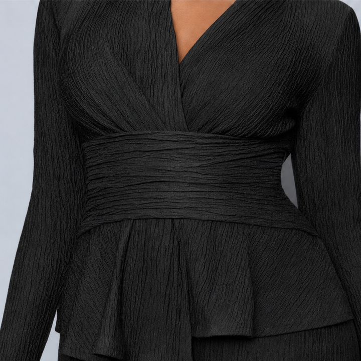 Vessora – Pleated Waist Flared Leg Top And Trousers Set
