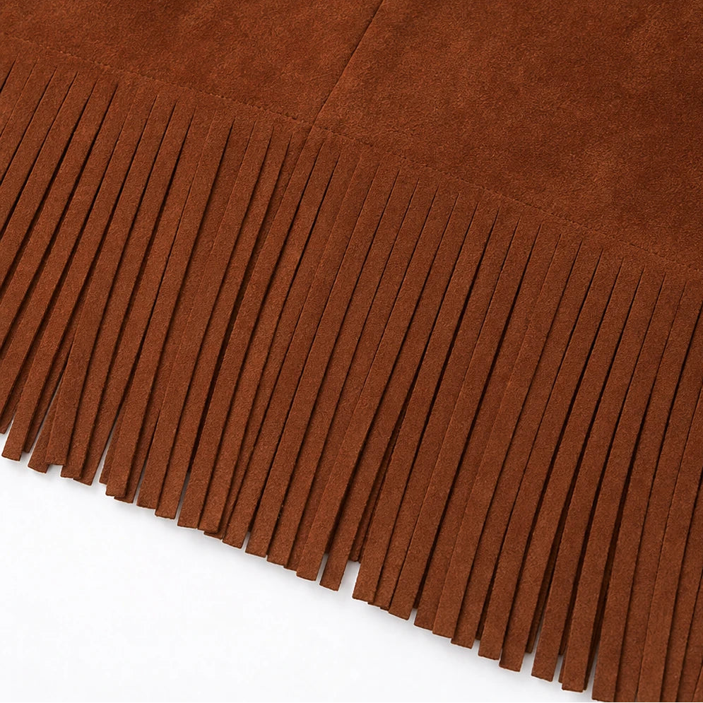 Suede Serenade – Faux Suede-Look Lantern Sleeve Fringe Midi Dress