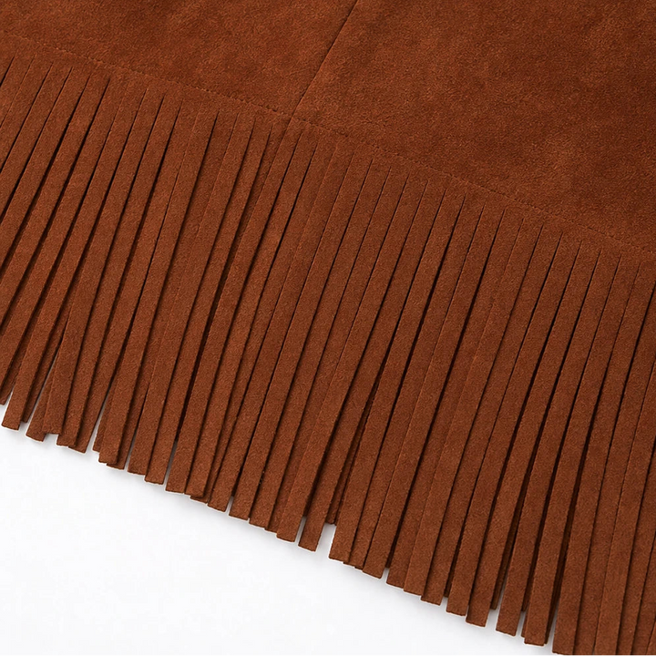 Suede Serenade – Faux Suede-Look Lantern Sleeve Fringe Midi Dress