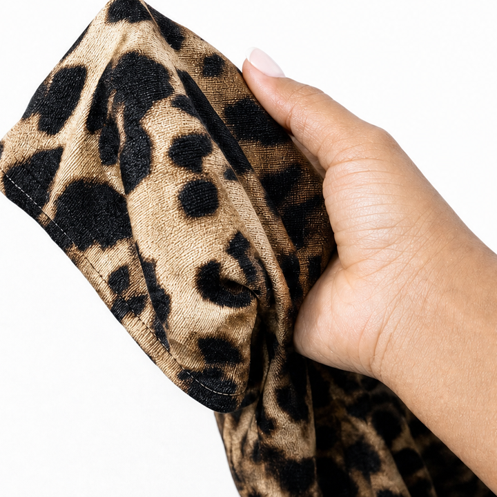 Veloura – Lace V-Neck Ruched Leopard Midi Dress