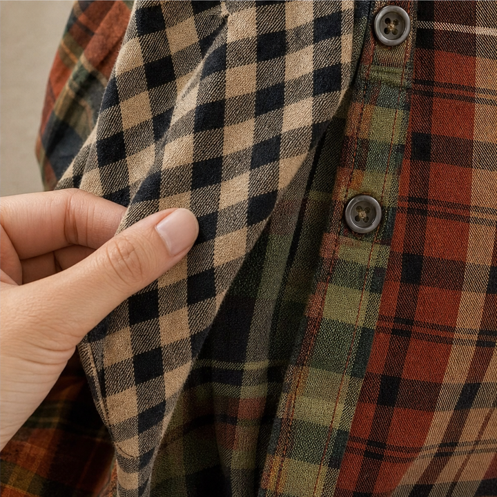Plaidelle – Color-Block Patchwork Plaid Button-Up Shirt