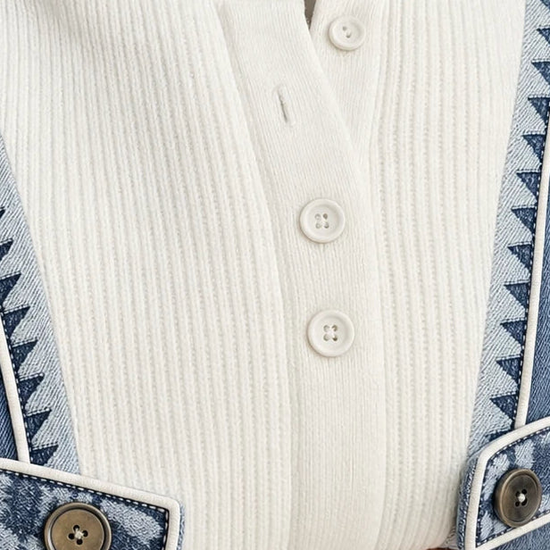Denimelle – Denim-Look Detail Ribbed Henley Sweater