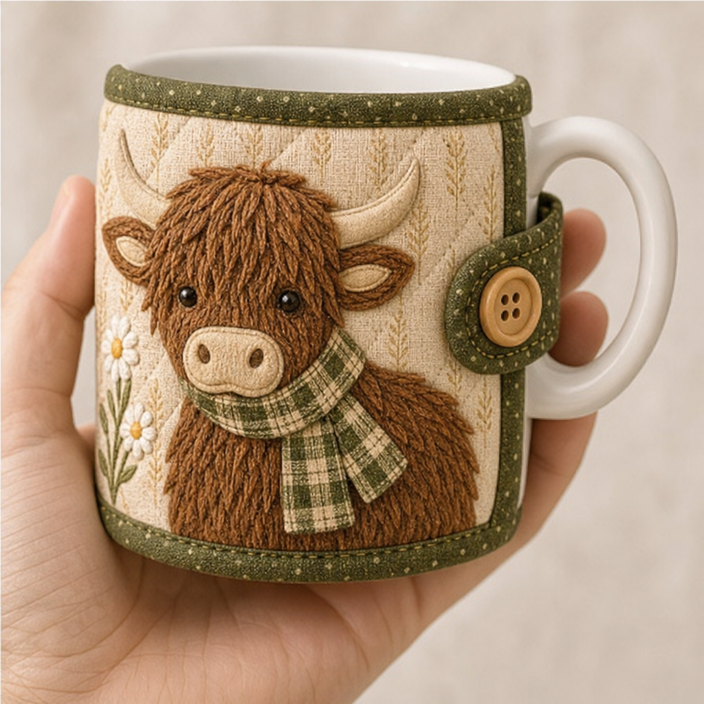 Coziloom – Quilted Highland Cow Appliqué Mug Cozy Kit