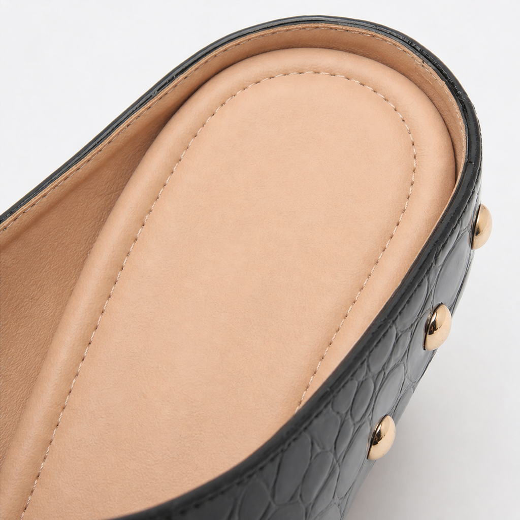 Ines Croc – Gold Dome Trim Croc-Embossed Clog Mules
