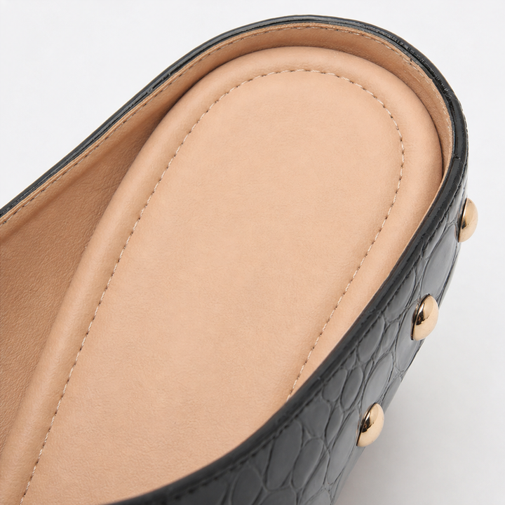 Ines Croc – Gold Dome Trim Croc-Embossed Clog Mules