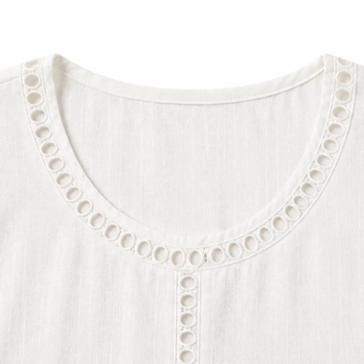 Marellia – Boho Openwork Trim Tunic Top for Women, Relaxed Fit Short Sleeve Summer Blouse
