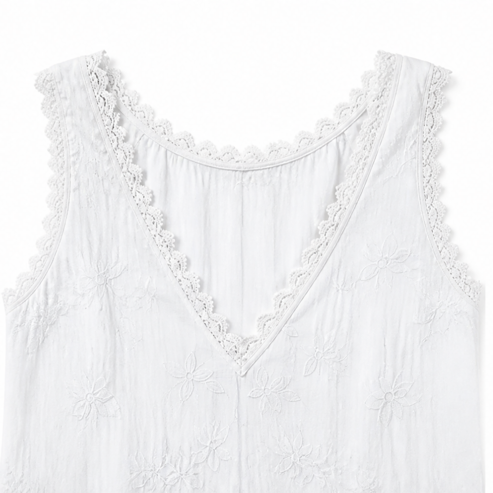Solayne – White Lace V Neck Embroidered Look Tank Top for Women
