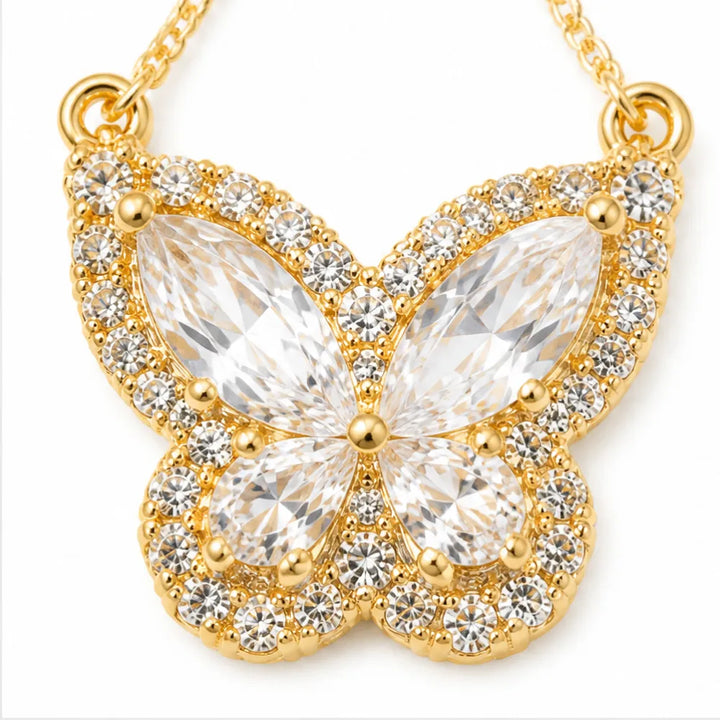 Papillore – Sparkling butterfly drop earrings, gold-plated cubic zirconia, delicate everyday elegance