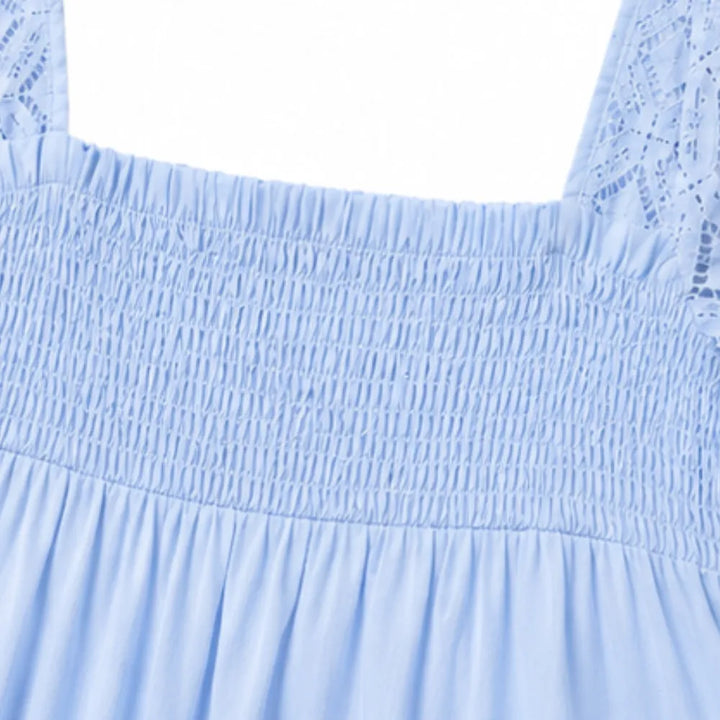 Vivelyn – Square Neck Smocked Babydoll Mini Dress with Lace Sleeves