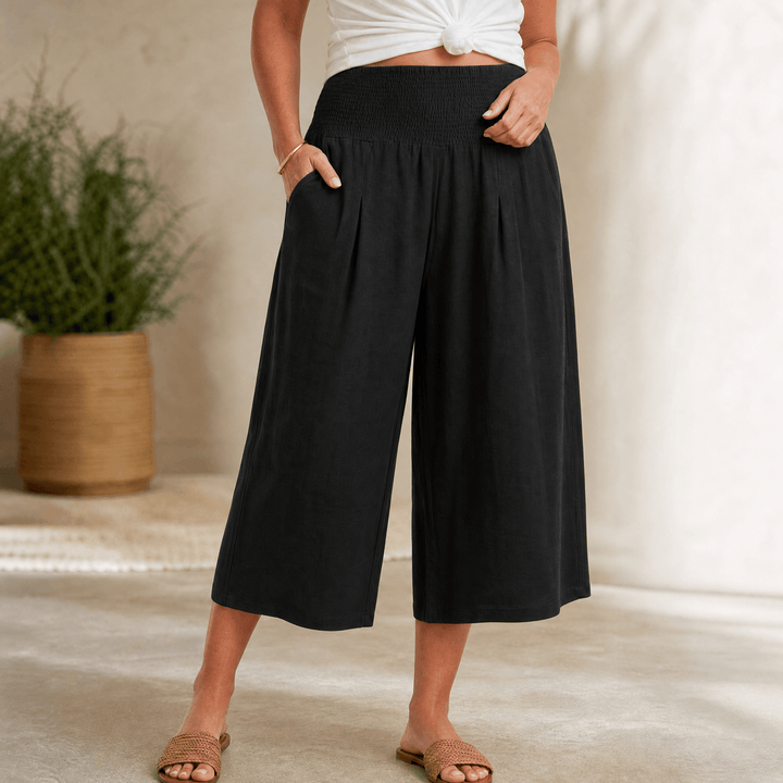 Coastella – Women's Smocked-Waist Wide-Leg Culottes Black