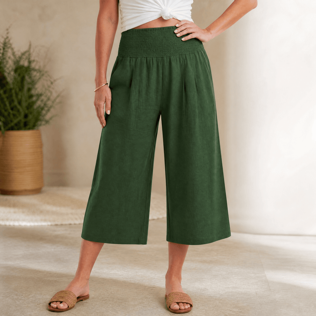 Coastella – Women's Smocked-Waist Wide-Leg Culottes Dark Green