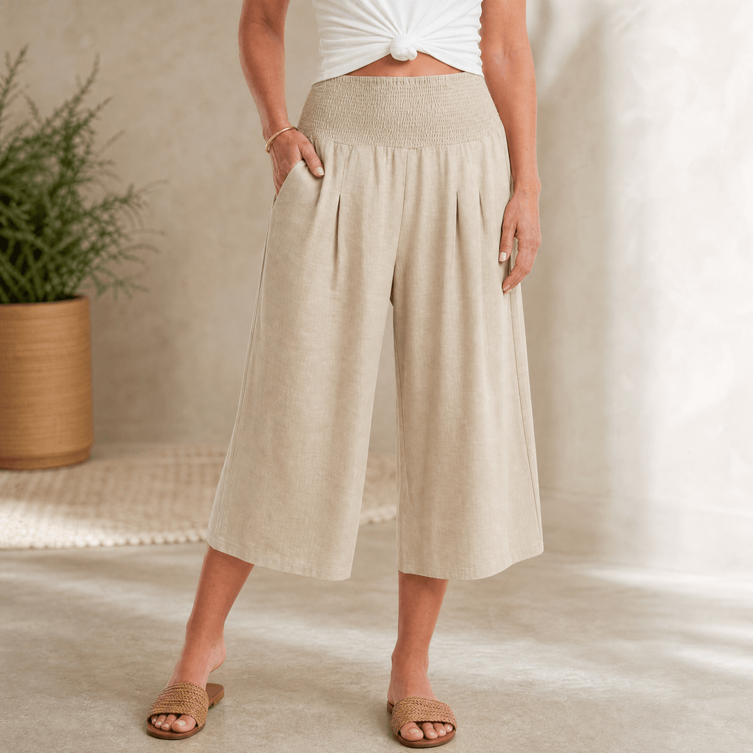 Coastella – Women's Smocked-Waist Wide-Leg Culottes Light Beige