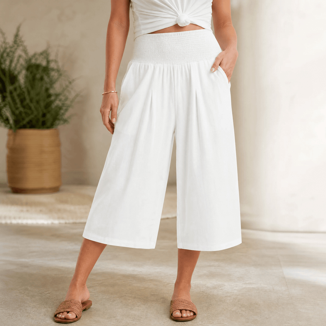 Coastella – Women's Smocked-Waist Wide-Leg Culottes White