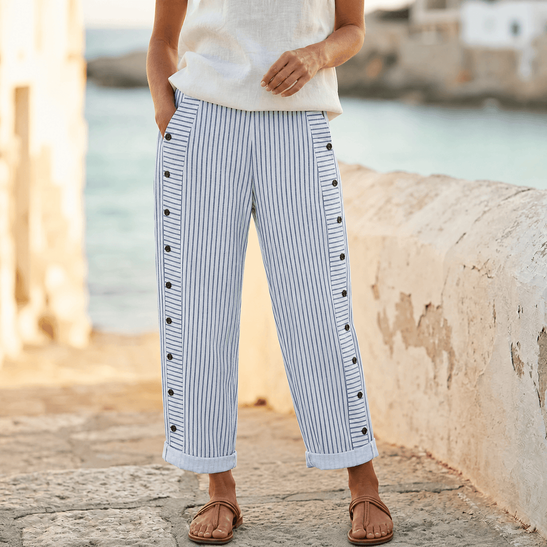 Coastlyn – Women's Striped Cotton Pants with Button Trim Blue Stripe