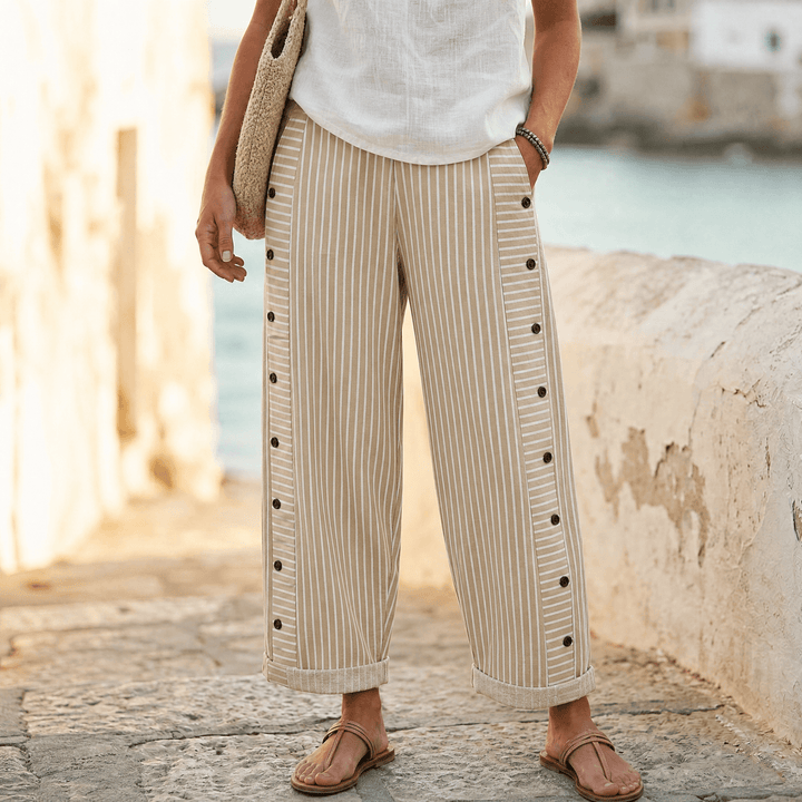 Coastlyn – Women's Striped Cotton Pants with Button Trim Brown Stripe