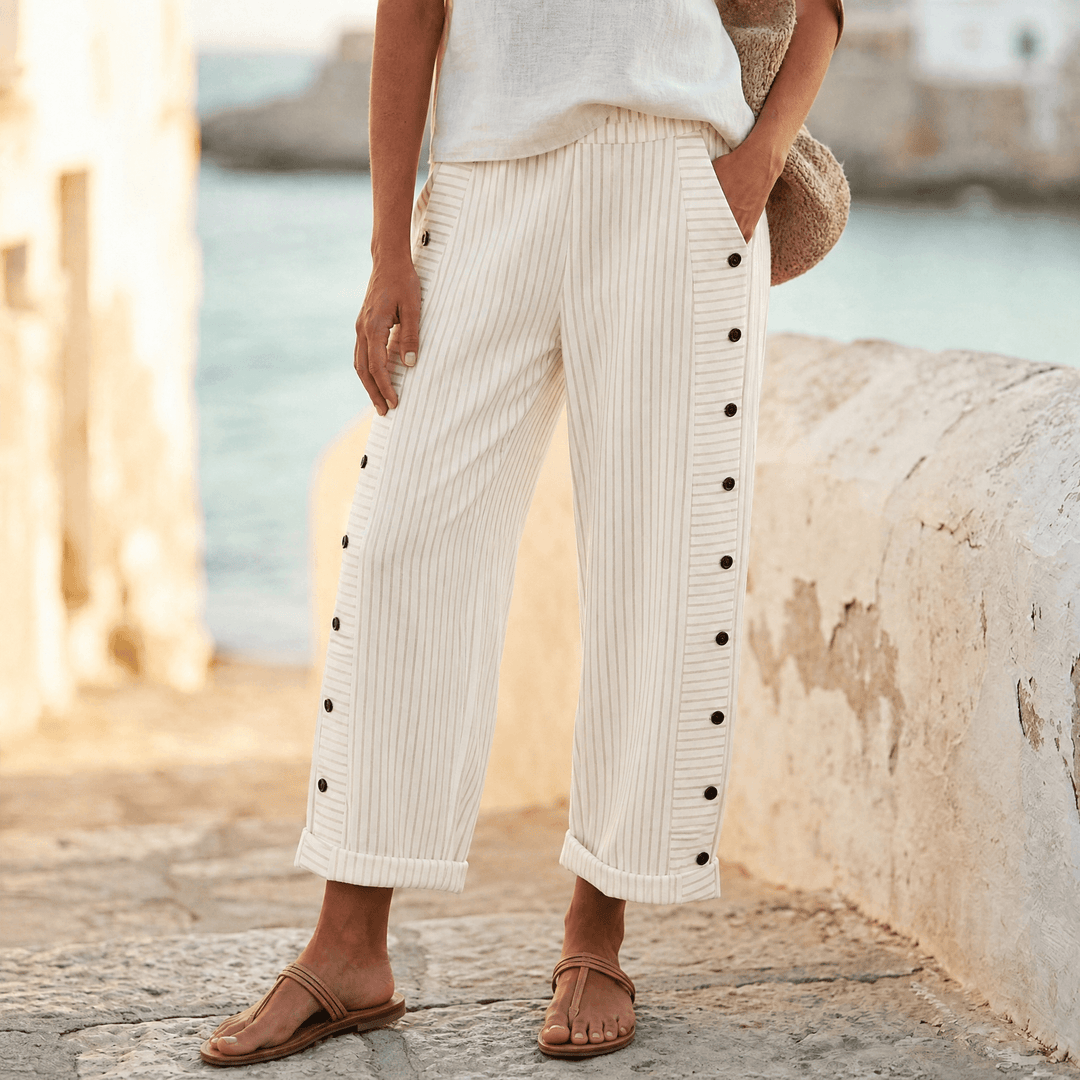 Coastlyn – Women's Striped Cotton Pants with Button Trim Cream Stripe