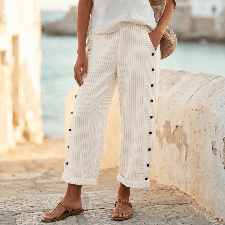 Coastlyn – Women's Striped Cotton Pants with Button Trim Cream Stripe