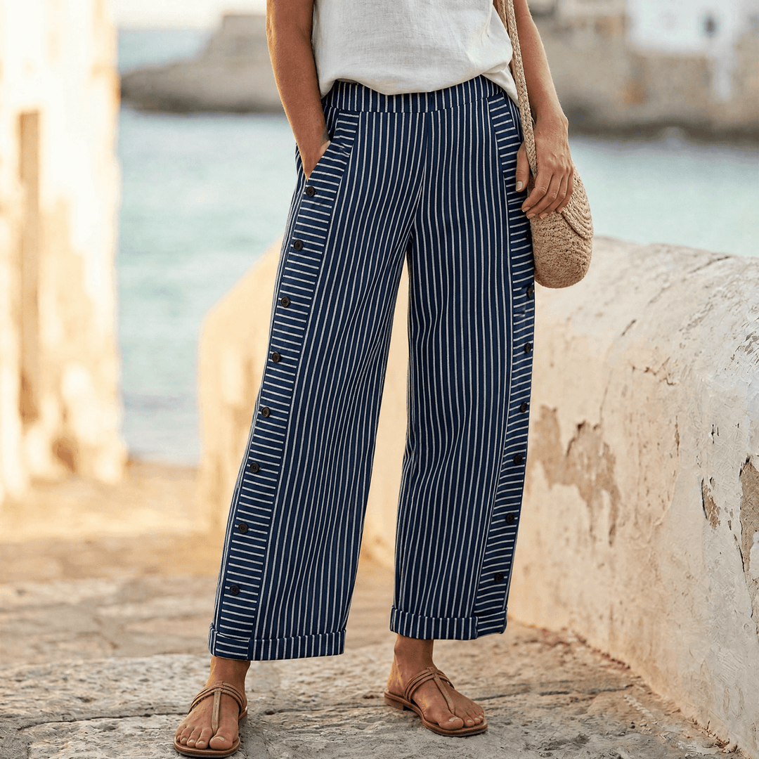 Coastlyn – Women's Striped Cotton Pants with Button Trim Dark Blue Stripe