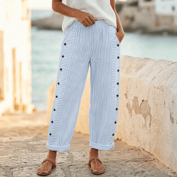 Coastlyn – Women's Striped Cotton Pants with Button Trim Light Blue Stripe