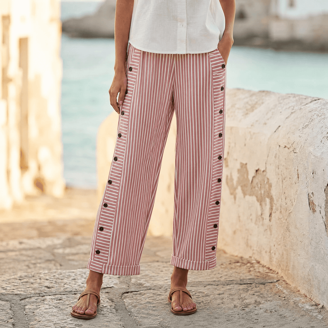 Coastlyn – Women's Striped Cotton Pants with Button Trim Red Stripe