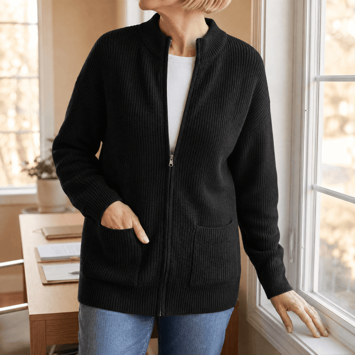 Covena – Soft Knit Zip Up Cardigan with Pockets Black / S