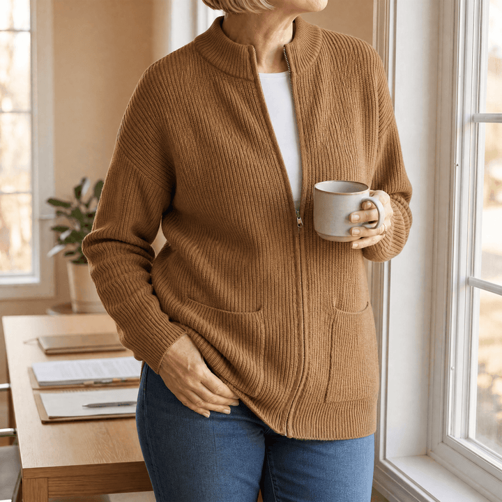 Covena – Soft Knit Zip Up Cardigan with Pockets Brown / S