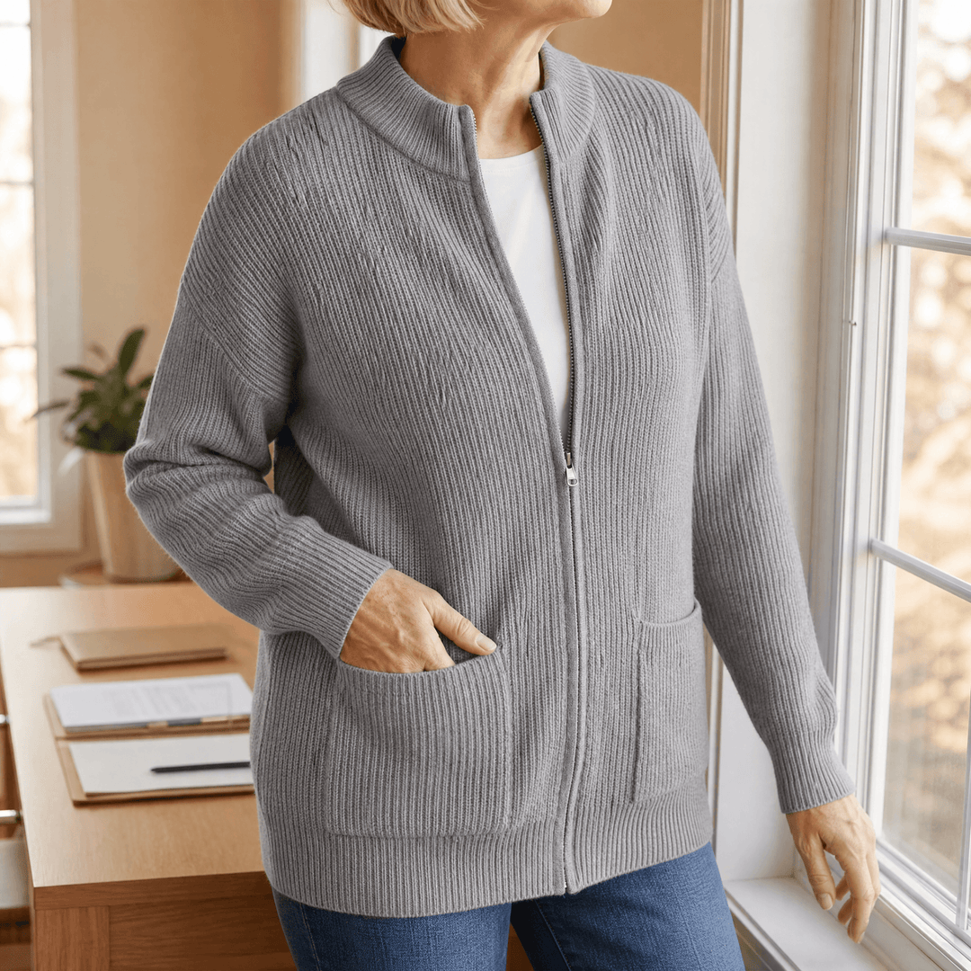 Covena – Soft Knit Zip Up Cardigan with Pockets Gray / S