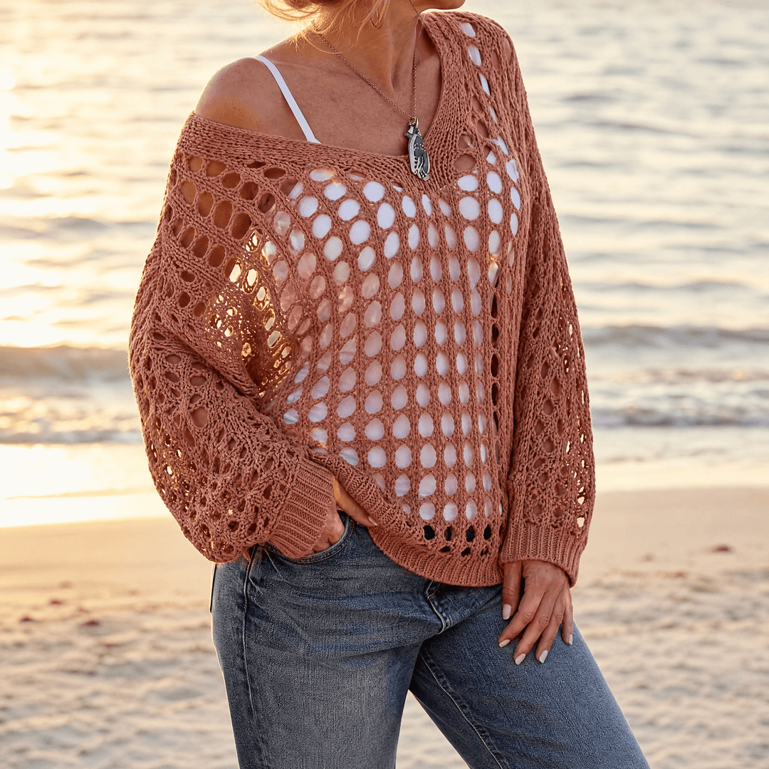 Covena – Women's breezy crochet knit layering top Brown / S