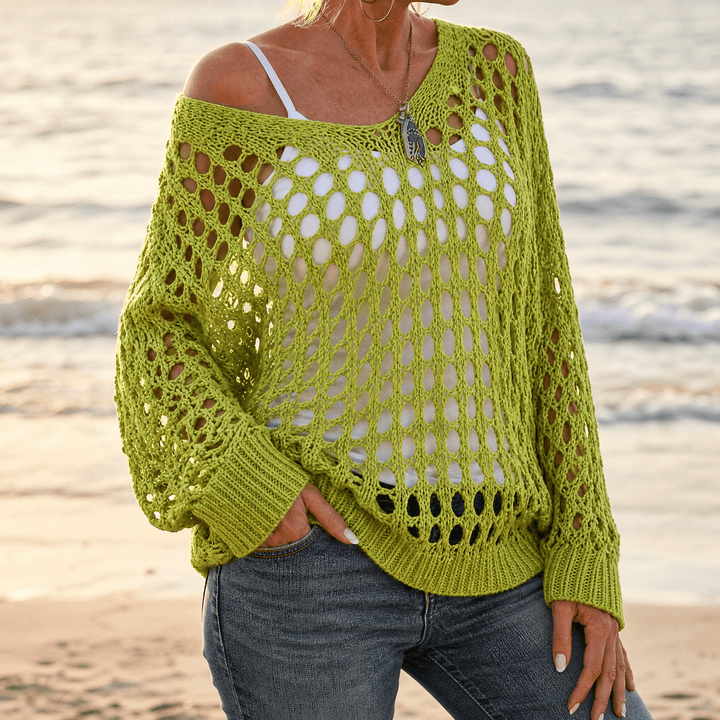 Covena – Women's breezy crochet knit layering top Green / S