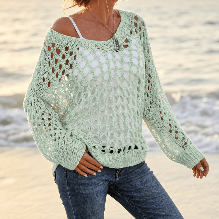 Covena – Women's breezy crochet knit layering top Light Green / S
