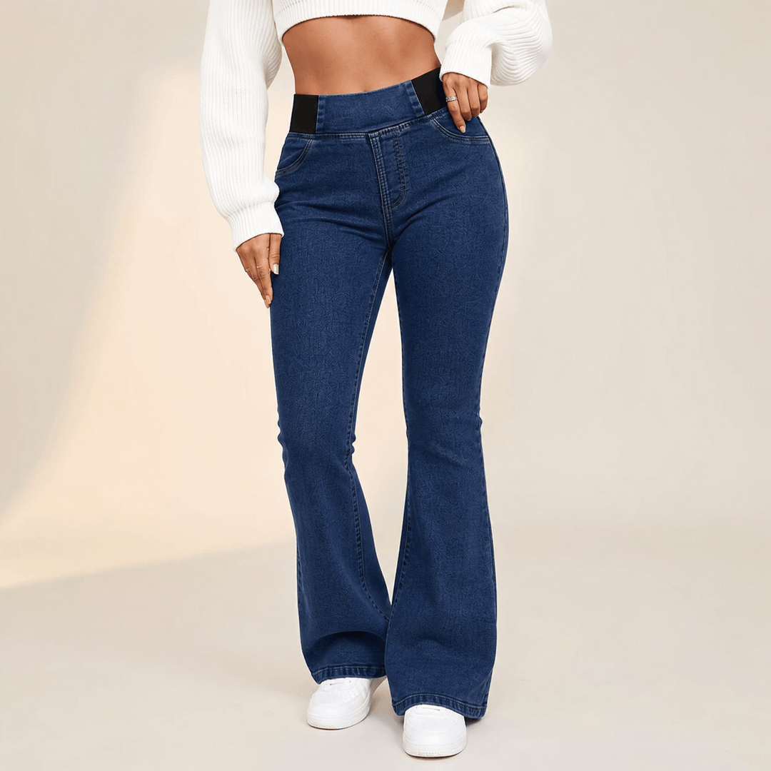 Curvela – Women's High Waist Stretch Flare Jeans Dark Blue