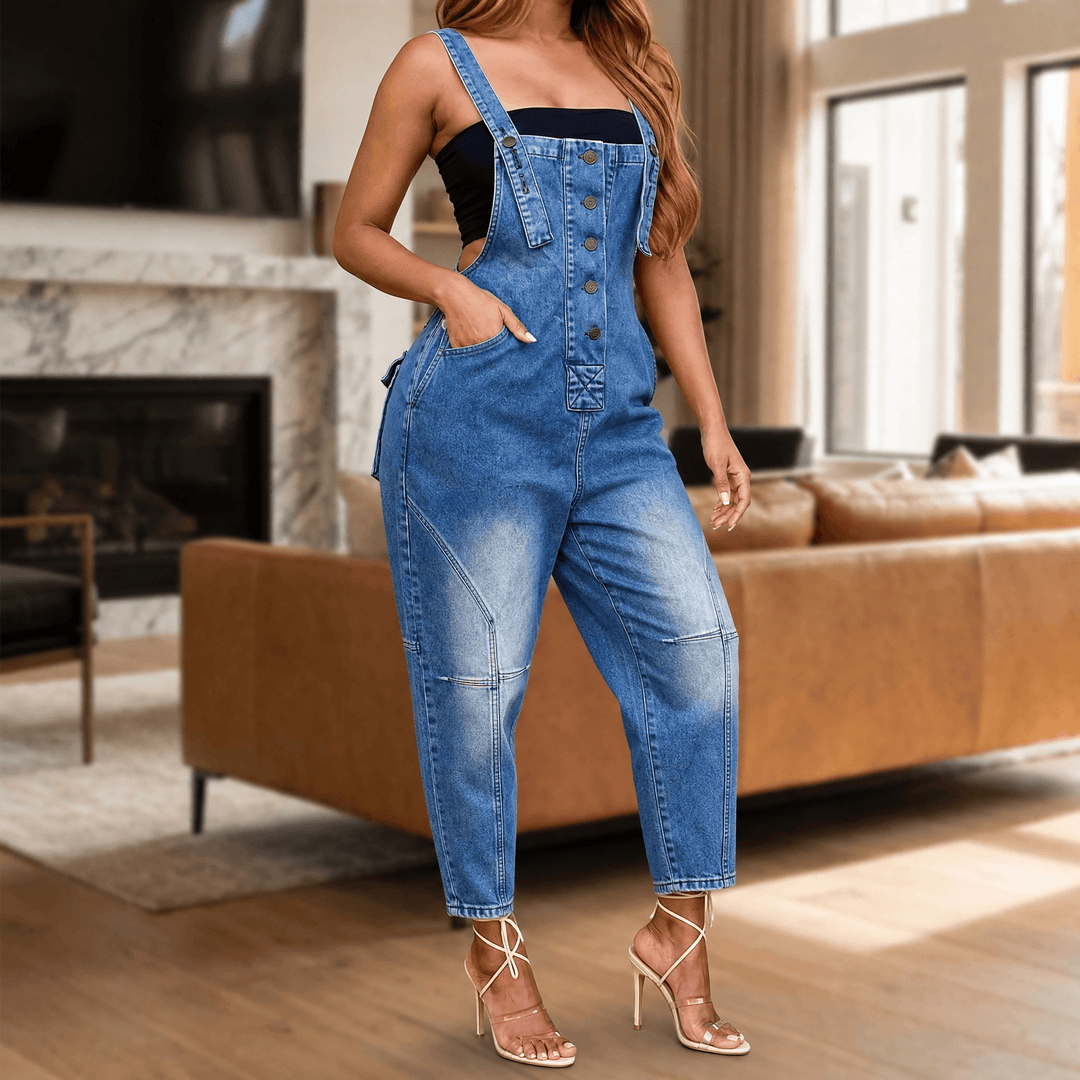 Curvella – Women's Button-Front Tapered Denim Overalls Blue