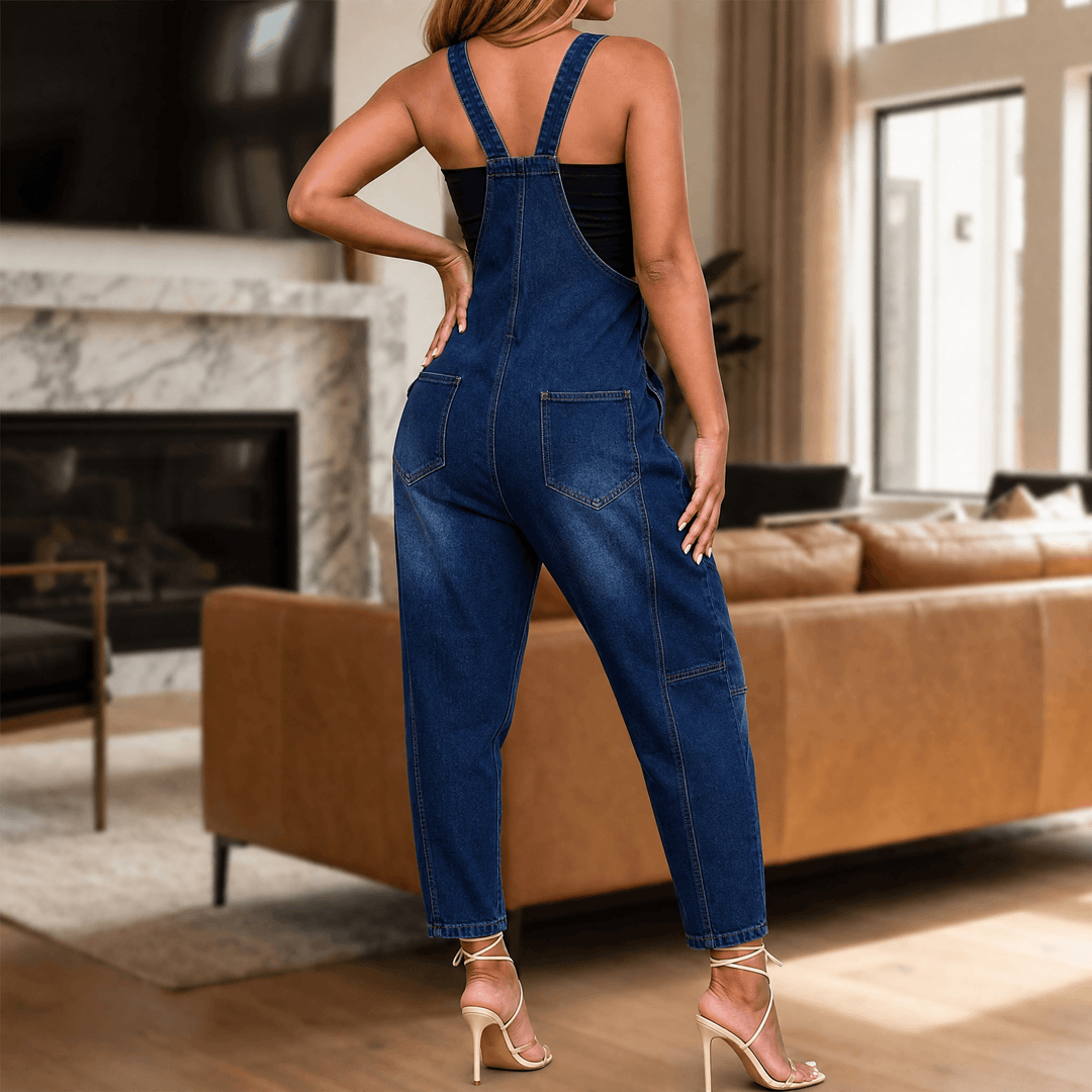 Curvella – Women's Button-Front Tapered Denim Overalls Dark blue