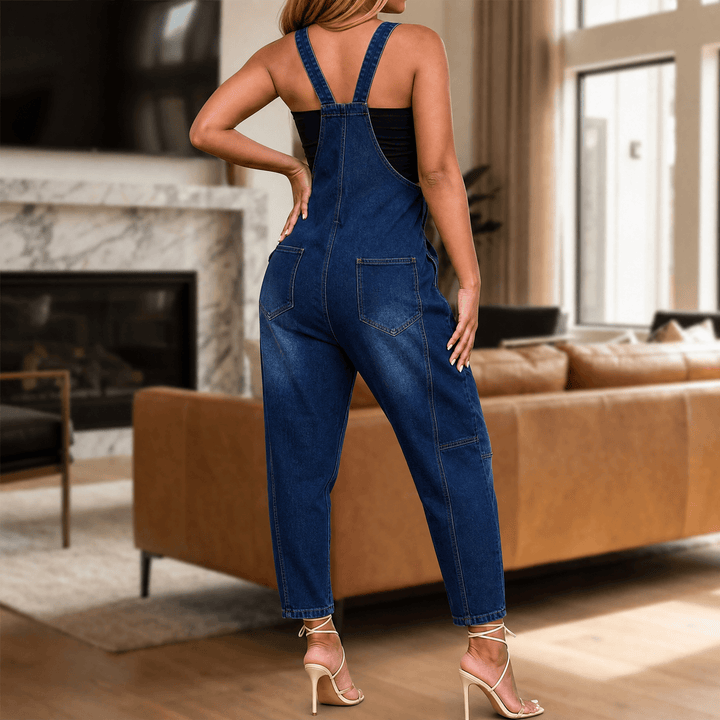 Curvella – Women's Button-Front Tapered Denim Overalls Dark blue