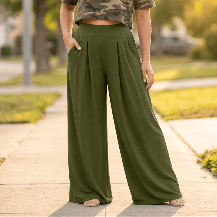 Curvella – Women's Flowy Pleated Palazzo Pants Army Green
