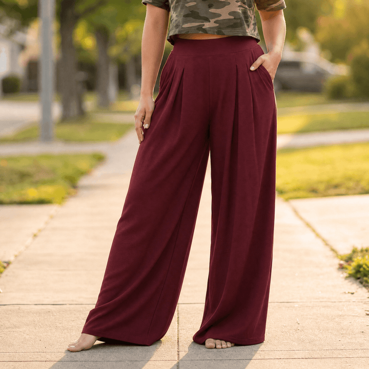 Curvella – Women's Flowy Pleated Palazzo Pants Burgundy